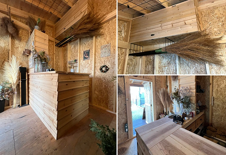 ドライフラワーの店舗兼作業場。作業台やカウンター、収納も木で統一されており、ナチュラルな空間になっている。
