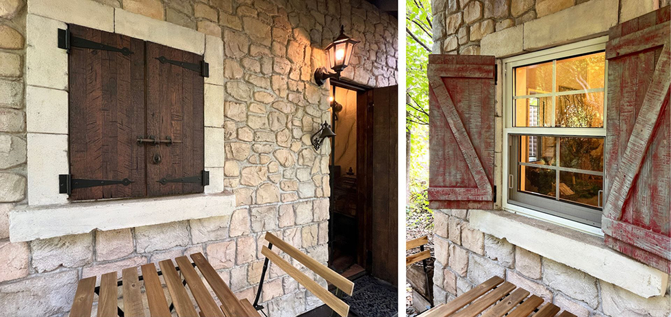 ドアや鎧戸もモルタル造形でエイジング風に。細部にこだわった可愛くておしゃれな小屋。