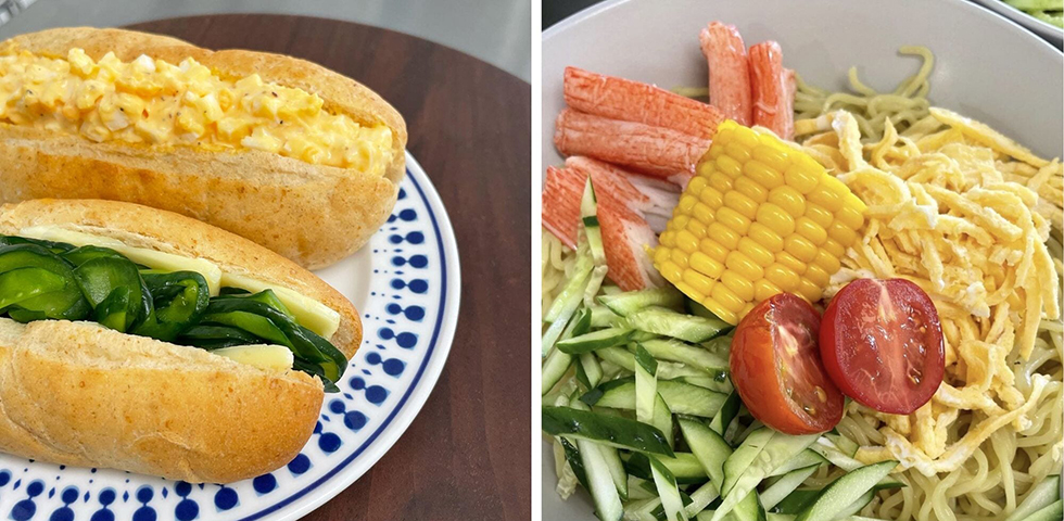 左・小腹がすいた時におすすめ(たまご・バターきゅうり)。右・一番人気だった冷やし中華は秋に向けて別のメニューに変わります。
